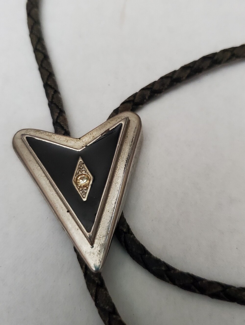 Men's Western Black Leather Adjustable Bolo Tie Triangle Slide Silver Tone